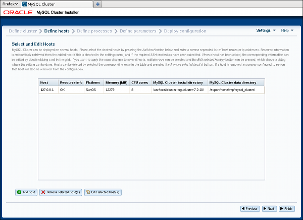 NDB Cluster Define Hosts screen.