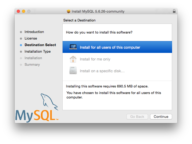 MySQL Package Installer: Destination Select (Change Installation Location)