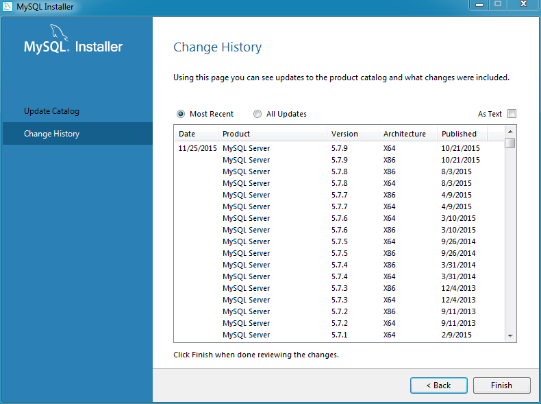 MySQL Installer - Catalog Change History