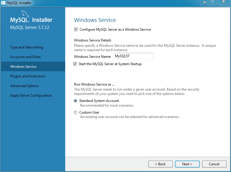 MySQL Installer - MySQL Server Configuration: Windows Service